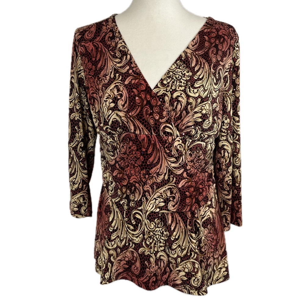 Vintage Y2K INC Babydoll Paisley Fairy Top XL 3/4 Sleeve Sparkle Grunge Boho USA